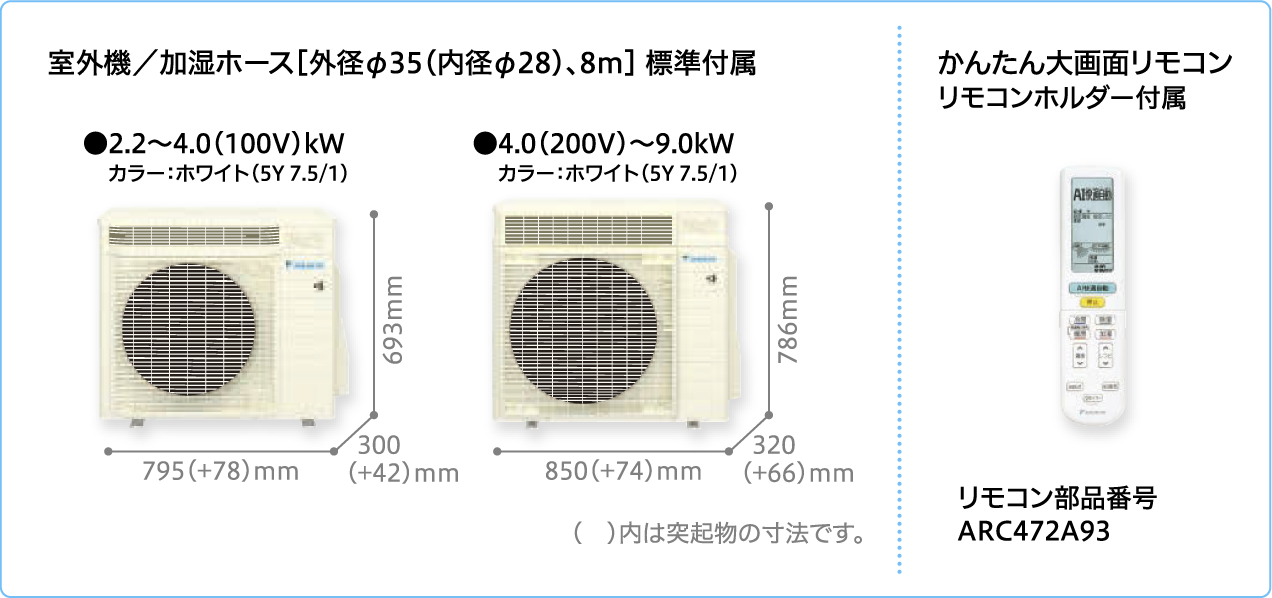 室外機／加湿ホース［外径φ35（内径φ28）、8m］ 標準付属 ●2.2〜4.0（100V）kW
			カラー：ホワイト（5Y 7.5/1）4.0（200V）〜9.0kW
			カラー：ホワイト（5Y 7.5/1）かんたん大画面リモコン
			リモコンホルダー付属リモコン部品番ARC